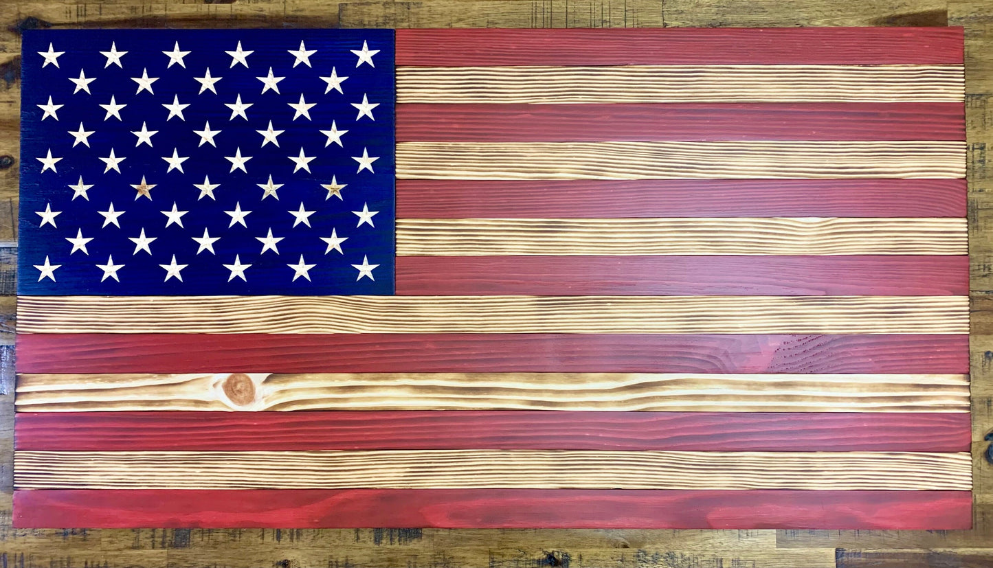 Large 19.5"x37" Distressed Wooden American Flag With Carved Stars
