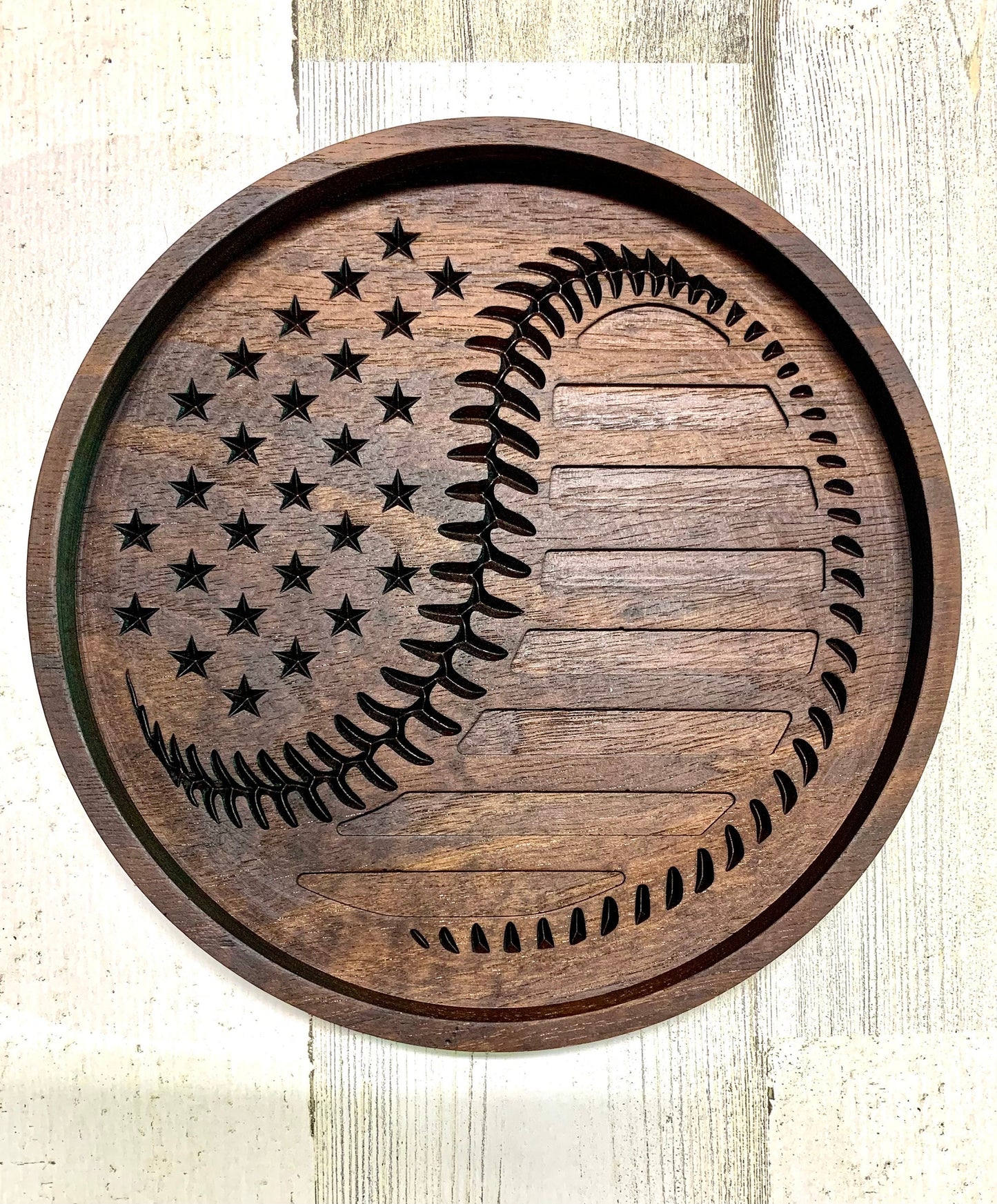 Walnut Valet Tray For Baseball Fan, EDC Tray, American Flag Baseball Tray, Baseball Gift Idea, Ring Dish, Desk Organization, Nightstand Tray