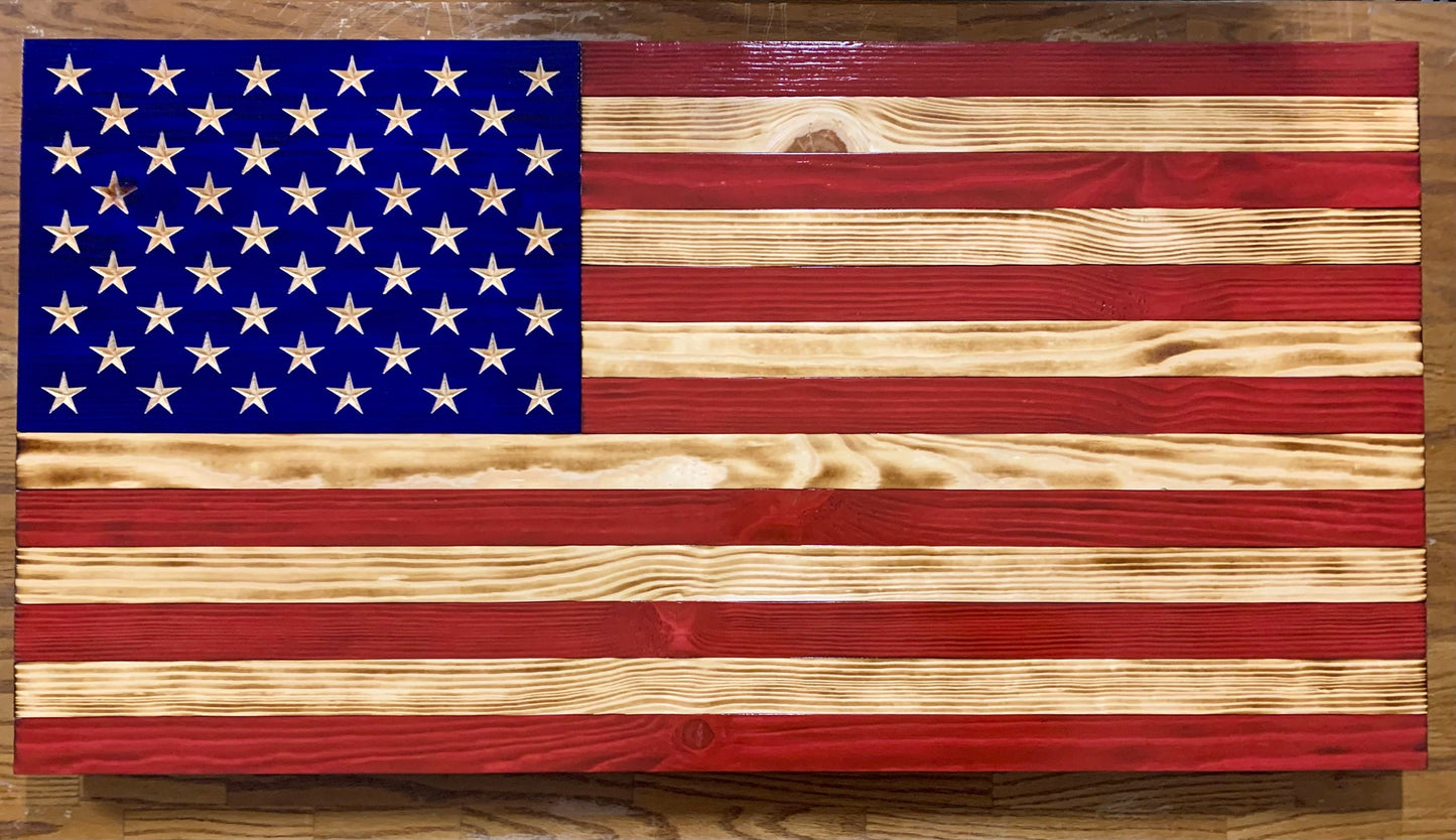 Large 19.5"x37" Distressed Wooden American Flag With Carved Stars