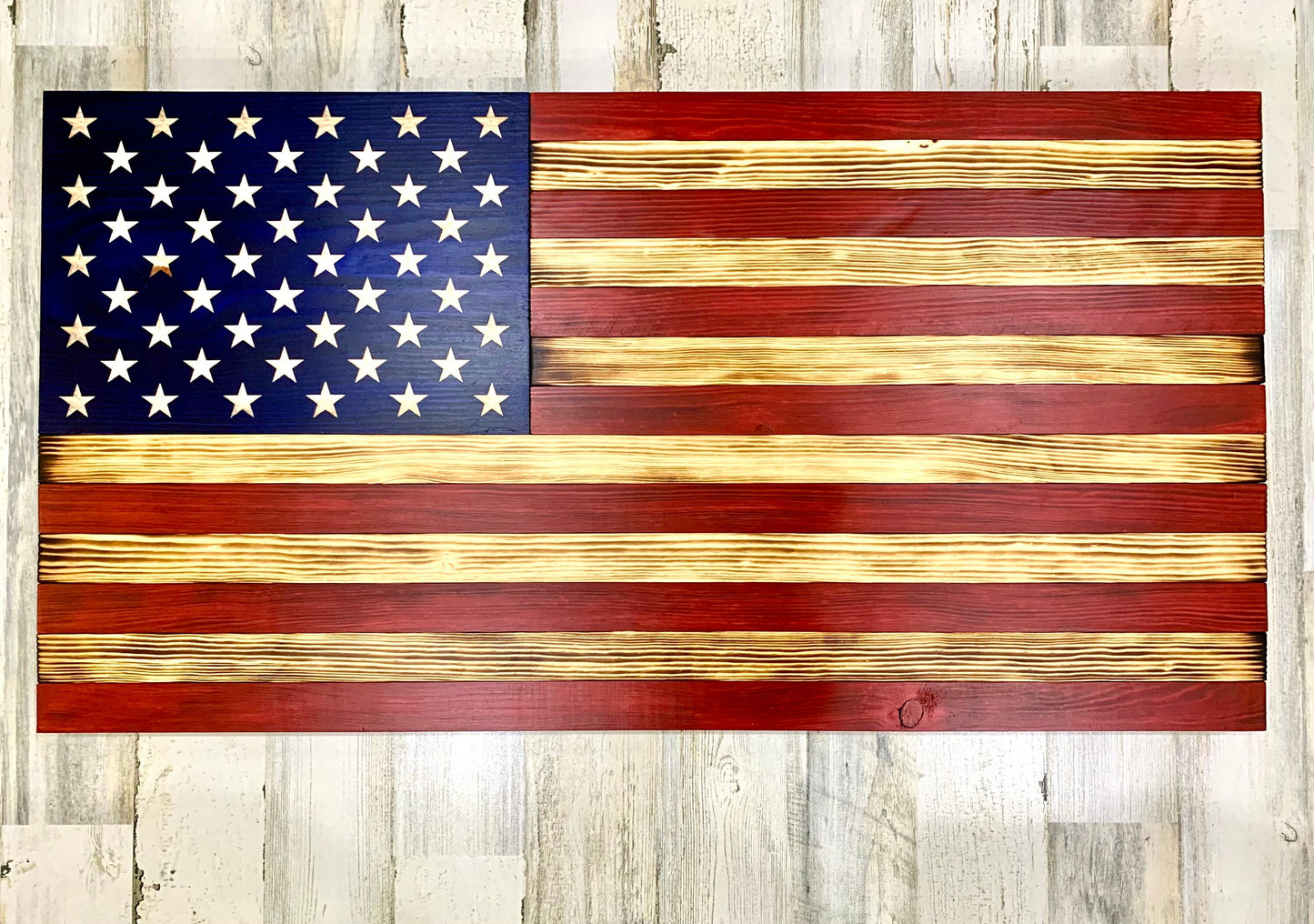 Large 19.5"x37" Distressed Wooden American Flag With Carved Stars