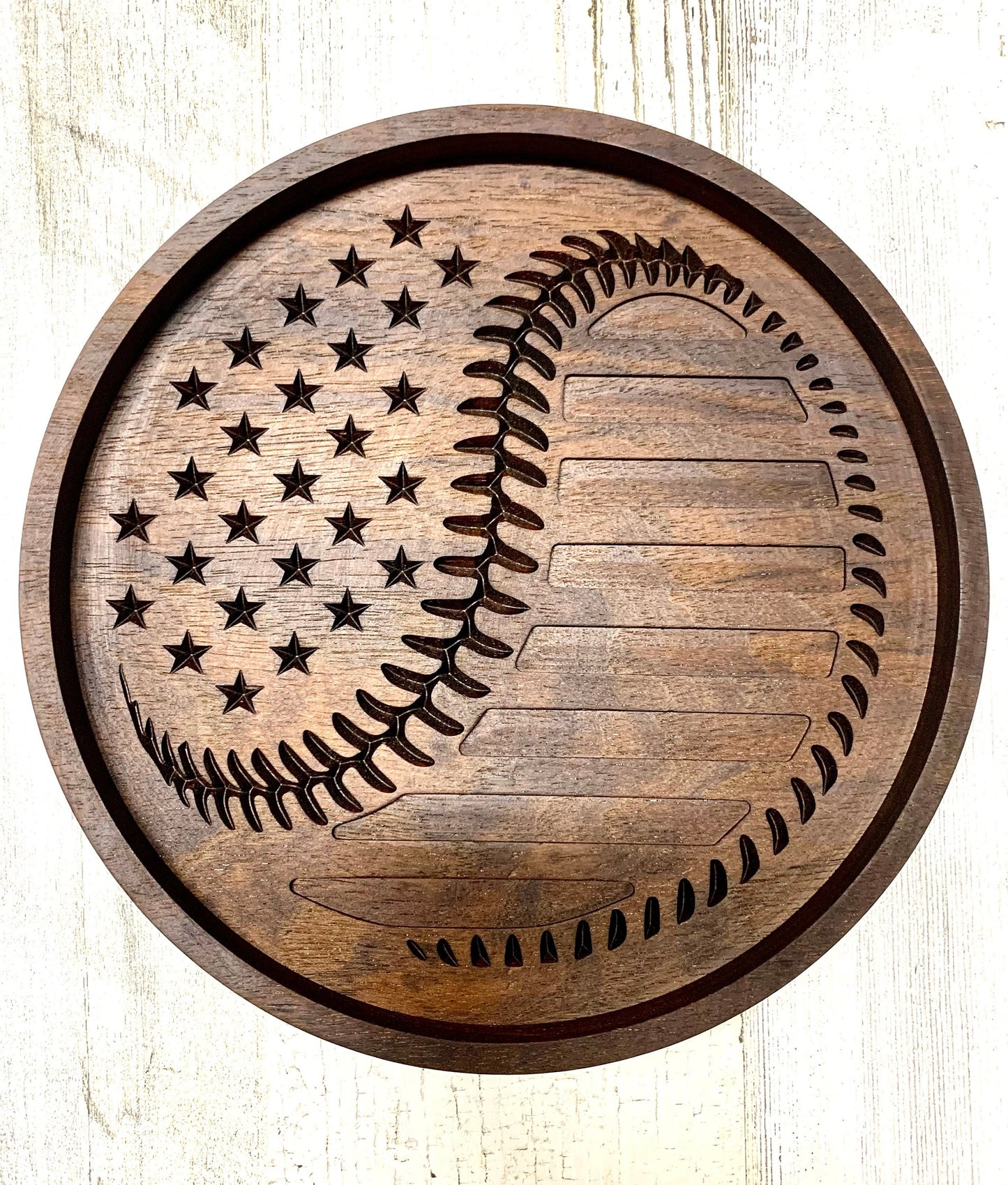 Walnut Valet Tray For Baseball Fan, EDC Tray, American Flag Baseball Tray, Baseball Gift Idea, Ring Dish, Desk Organization, Nightstand Tray