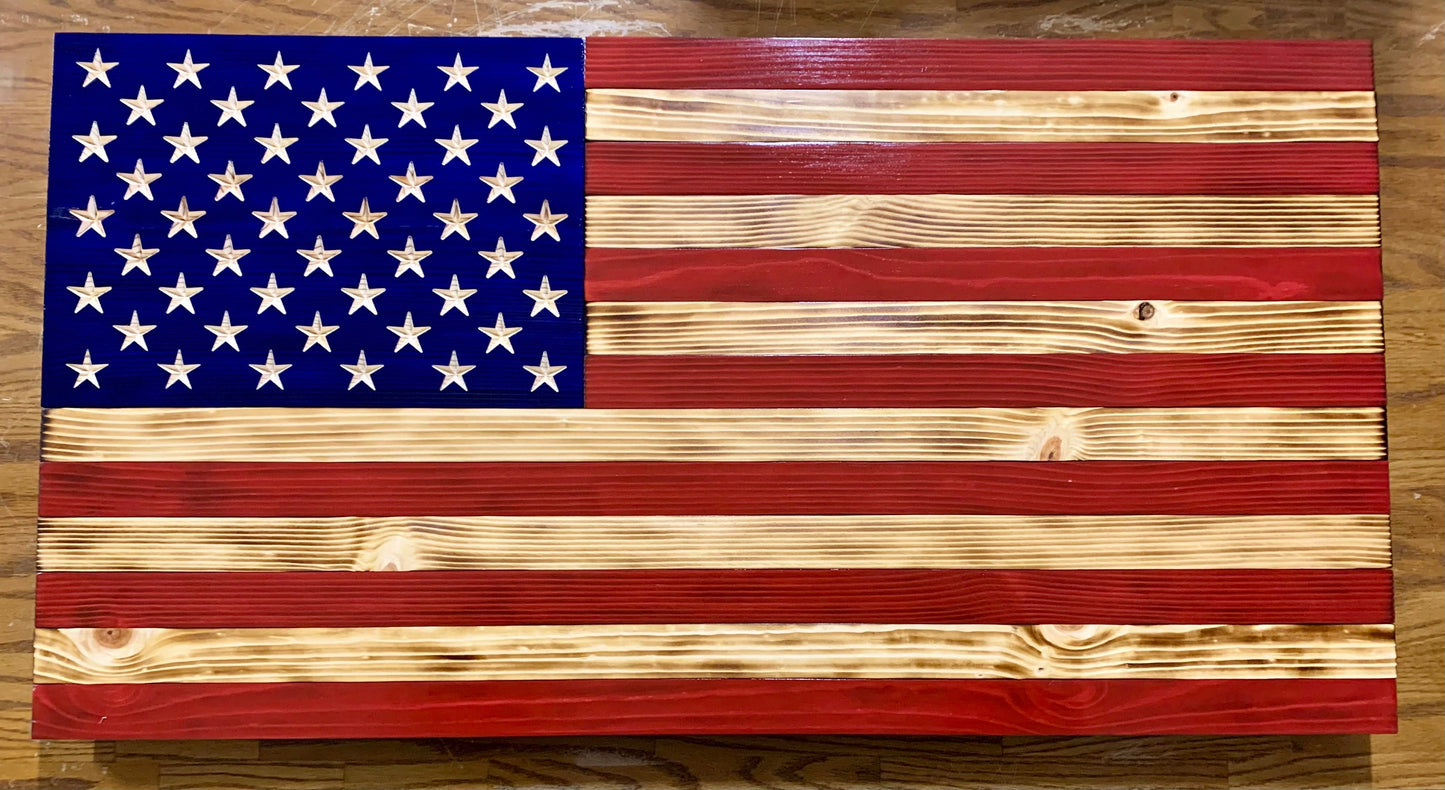 Large 19.5"x37" Distressed Wooden American Flag With Carved Stars
