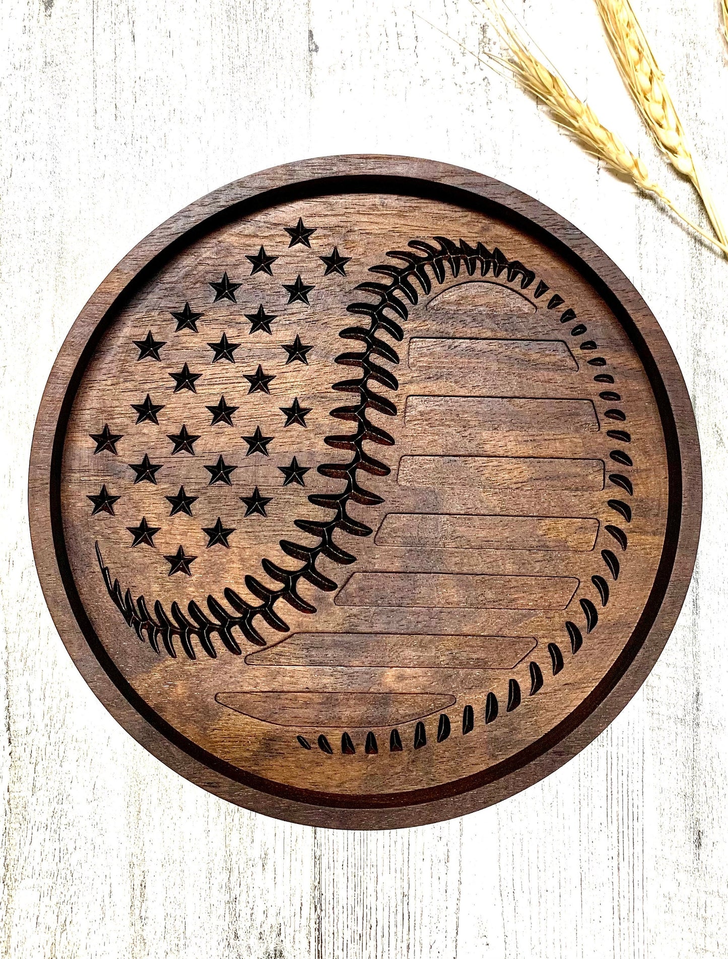 Walnut Valet Tray For Baseball Fan, EDC Tray, American Flag Baseball Tray, Baseball Gift Idea, Ring Dish, Desk Organization, Nightstand Tray