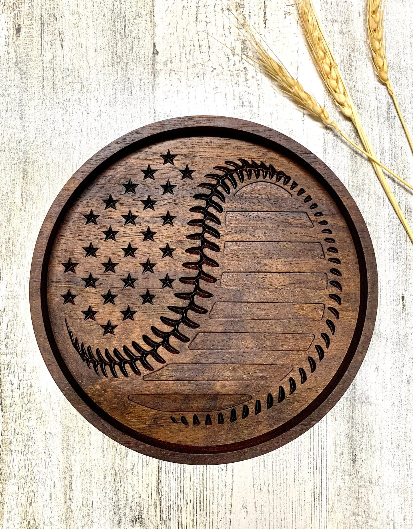 Walnut Valet Tray For Baseball Fan, EDC Tray, American Flag Baseball Tray, Baseball Gift Idea, Ring Dish, Desk Organization, Nightstand Tray