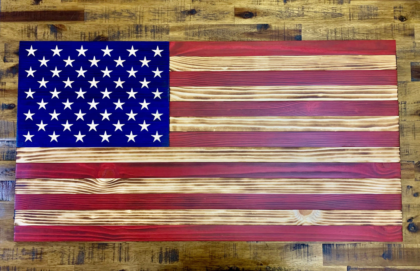 Large 19.5"x37" Distressed Wooden American Flag With Carved Stars