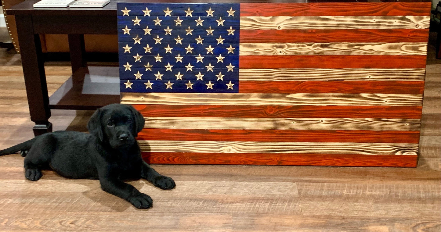 Large 19.5"x37" Distressed Wooden American Flag With Carved Stars