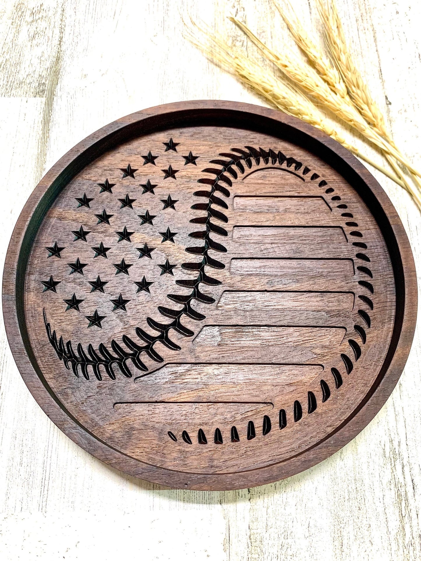 Walnut Valet Tray For Baseball Fan, EDC Tray, American Flag Baseball Tray, Baseball Gift Idea, Ring Dish, Desk Organization, Nightstand Tray