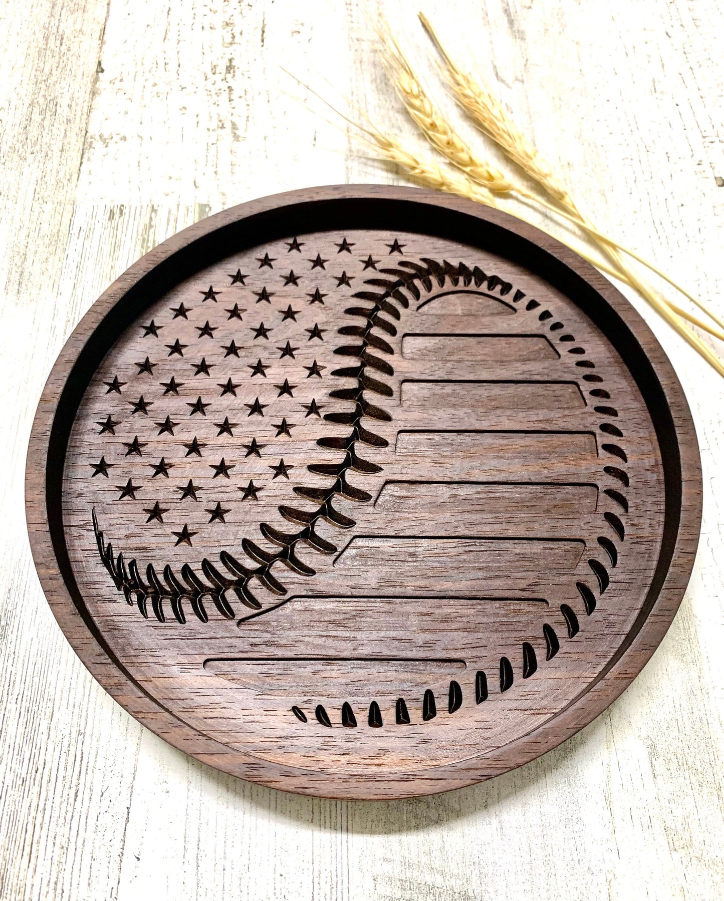Walnut Baseball Valet Tray, American Flag Baseball Tray, Baseball Gift Idea, Desk Organizer, Nightstand Tray, EDC Tray, Dice Tray, Key Tray