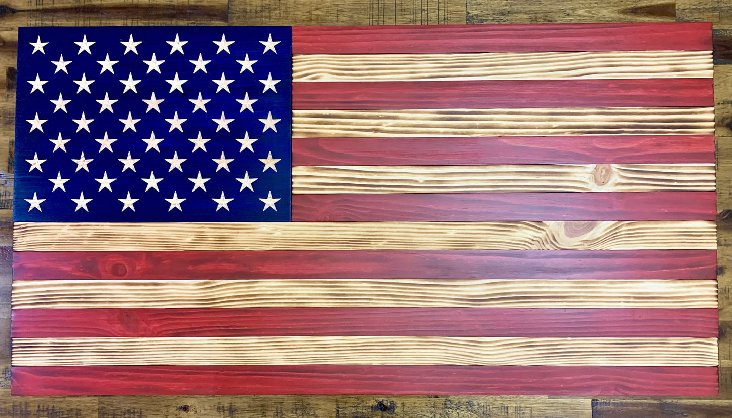Large 19.5"x37" Distressed Wooden American Flag With Carved Stars