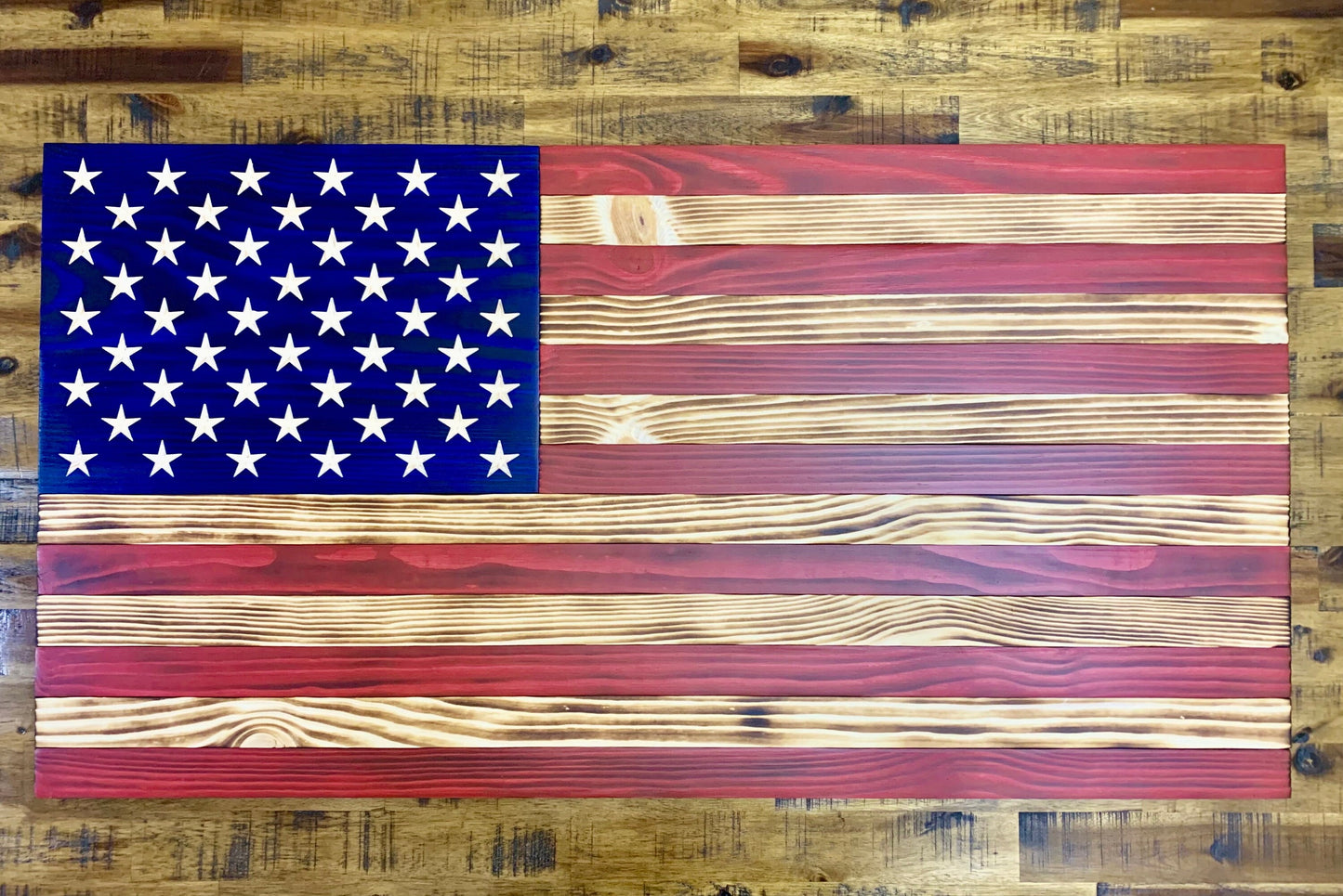 Large 19.5"x37" Distressed Wooden American Flag With Carved Stars