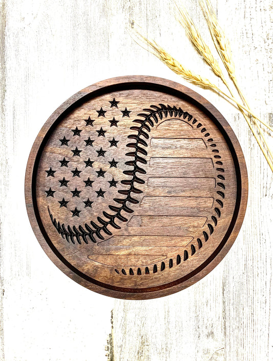 Walnut Valet Tray For Baseball Fan, EDC Tray, American Flag Baseball Tray, Baseball Gift Idea, Ring Dish, Desk Organization, Nightstand Tray