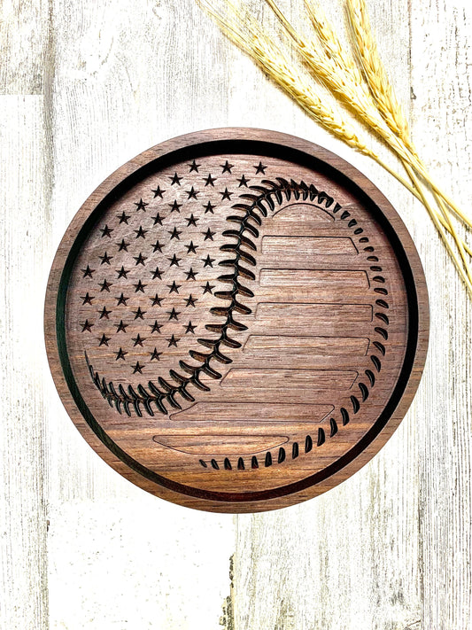 Walnut Baseball Valet Tray, American Flag Baseball Tray, Baseball Gift Idea, Desk Organizer, Nightstand Tray, EDC Tray, Dice Tray, Key Tray