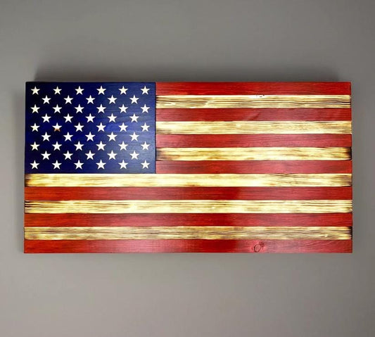 Large 19.5"x37" Distressed Wooden American Flag With Carved Stars