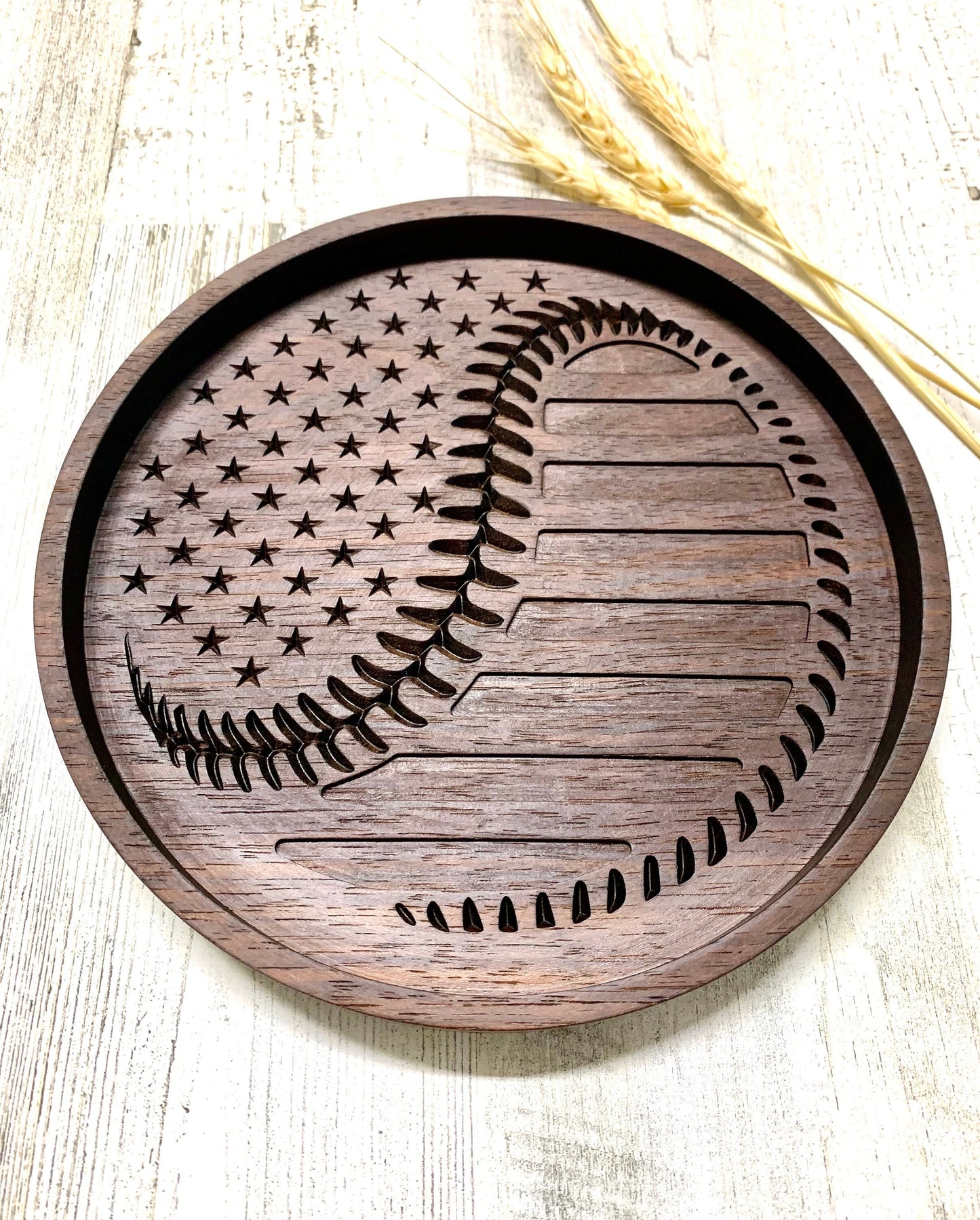 Walnut Baseball Valet Tray, American Flag Baseball Tray, Baseball Gift Idea, Desk Organizer, Nightstand Tray, EDC Tray, Dice Tray, Key Tray